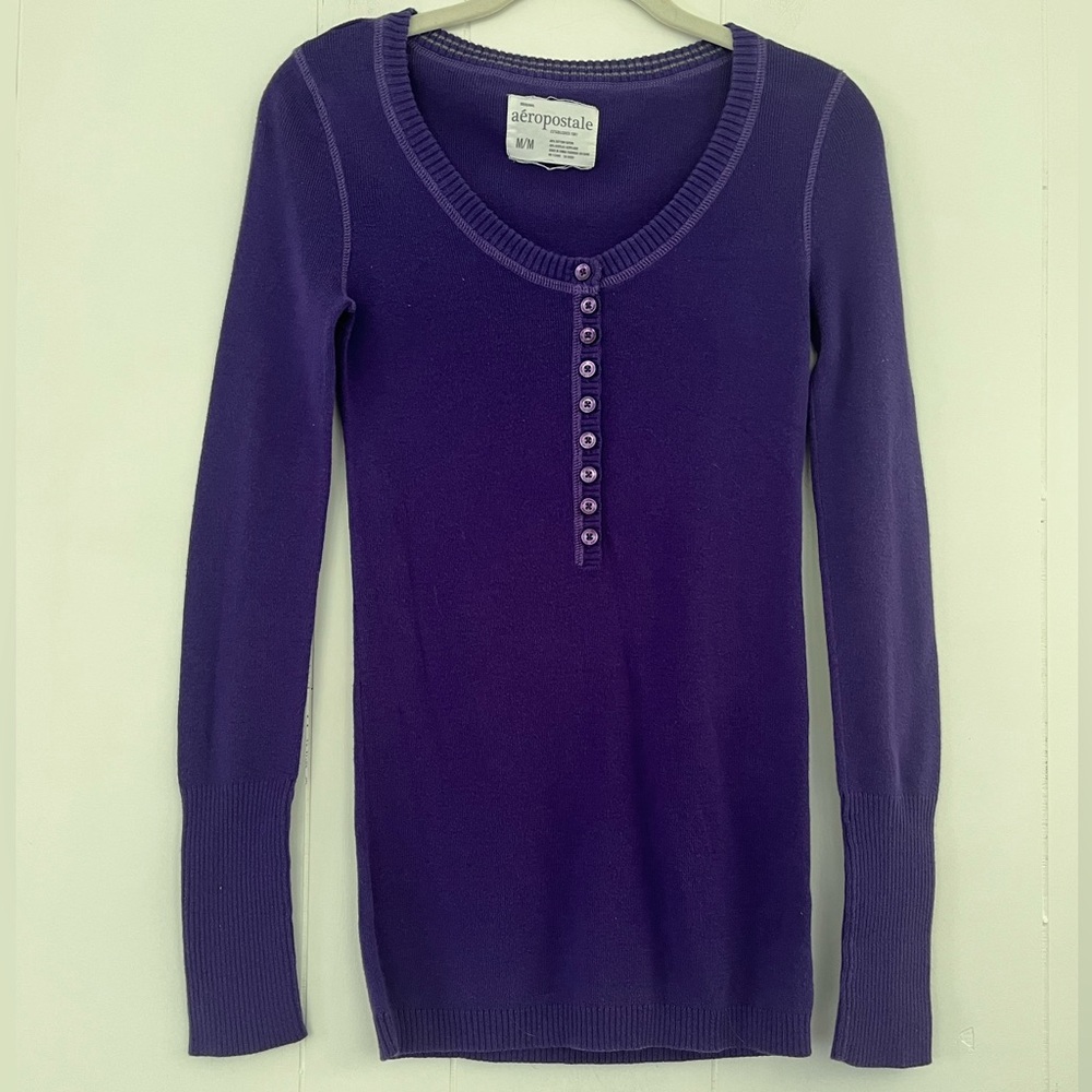 Y2K Aeropostale Purple Henley Sweater Size Medium Vintage - Picture 1 of 11